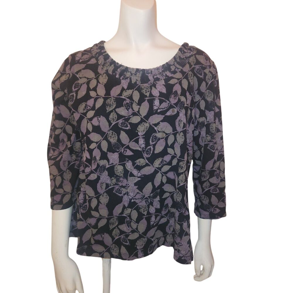 CROFT & Barrow Black and Purple Floral Print Scoop Neck Jersey Womens Size L